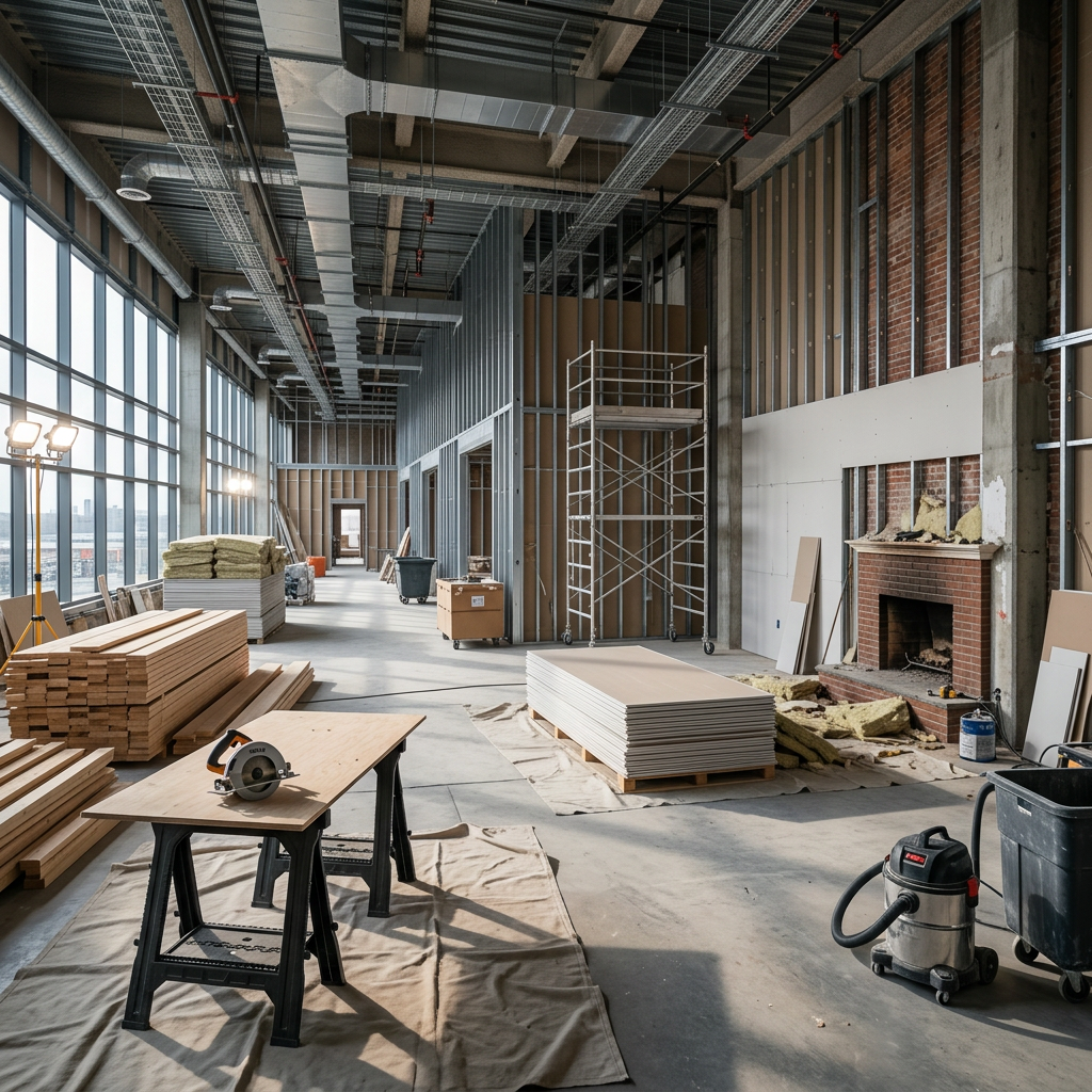 Four construction workers installing drywall and cutting wood indoors during home renovation