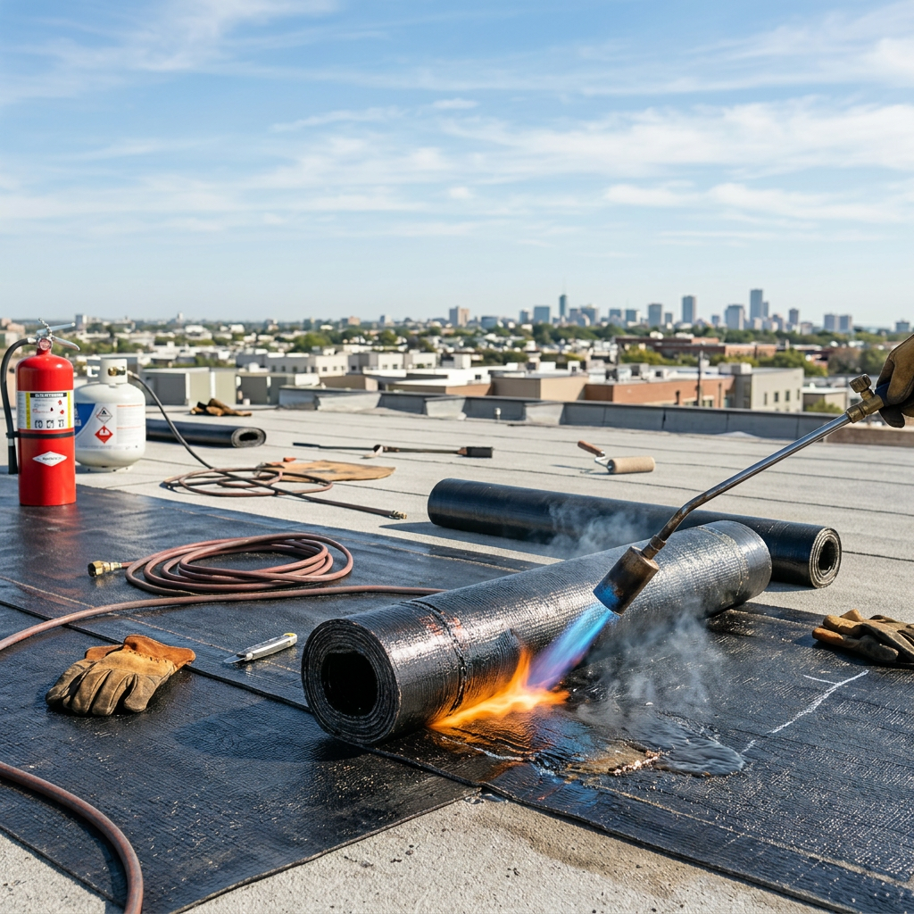 Workers applying torch-down roofing membrane with a propane torch on flat roof